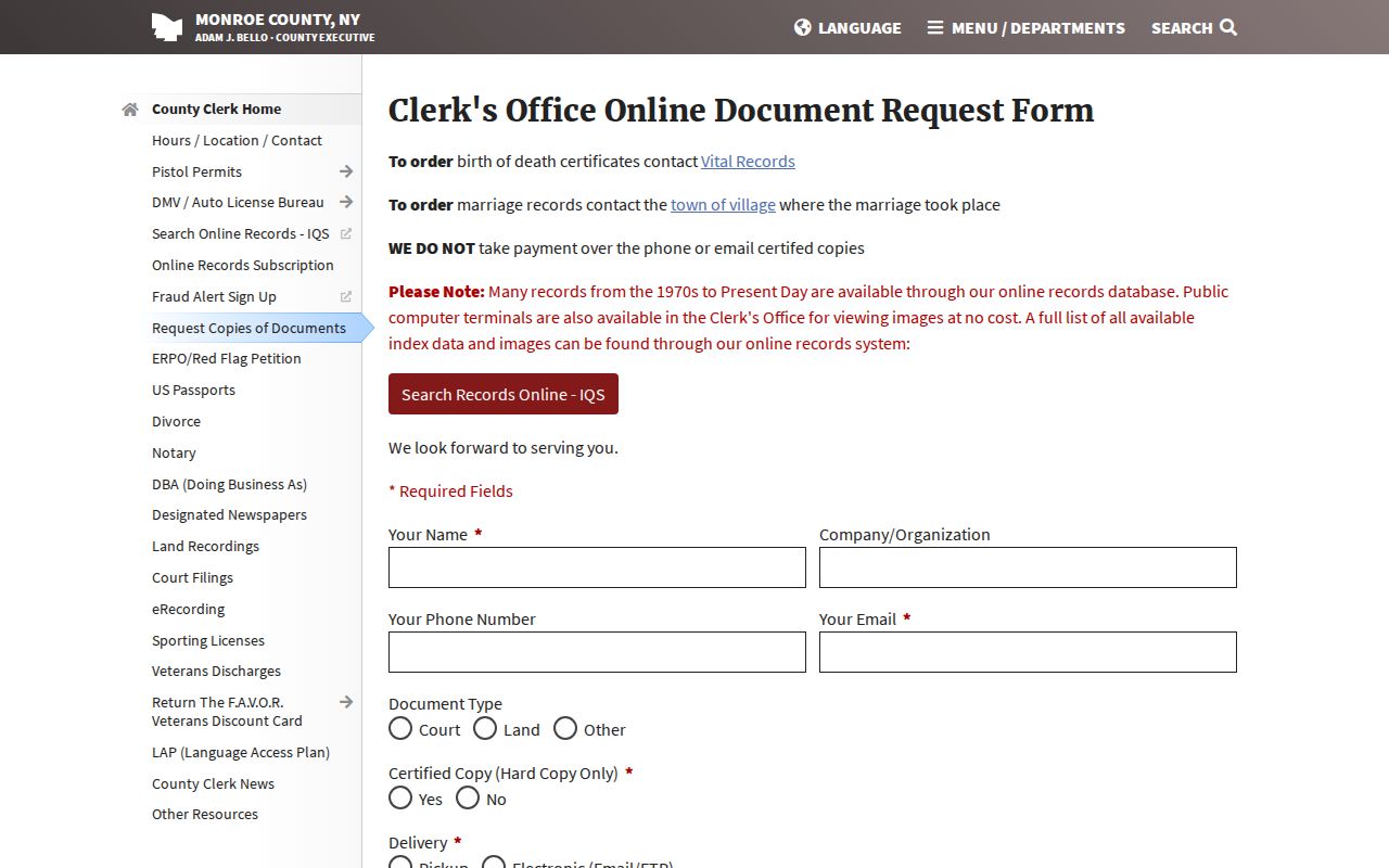 Chili previous residents Monroe County Clerk record request form