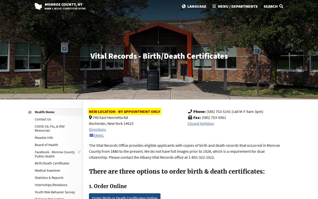 Chili resident lookup Monroe Vital Records service screen