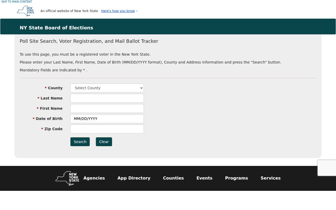 Chili resident lookup New York statewide voter lookup entry screen
